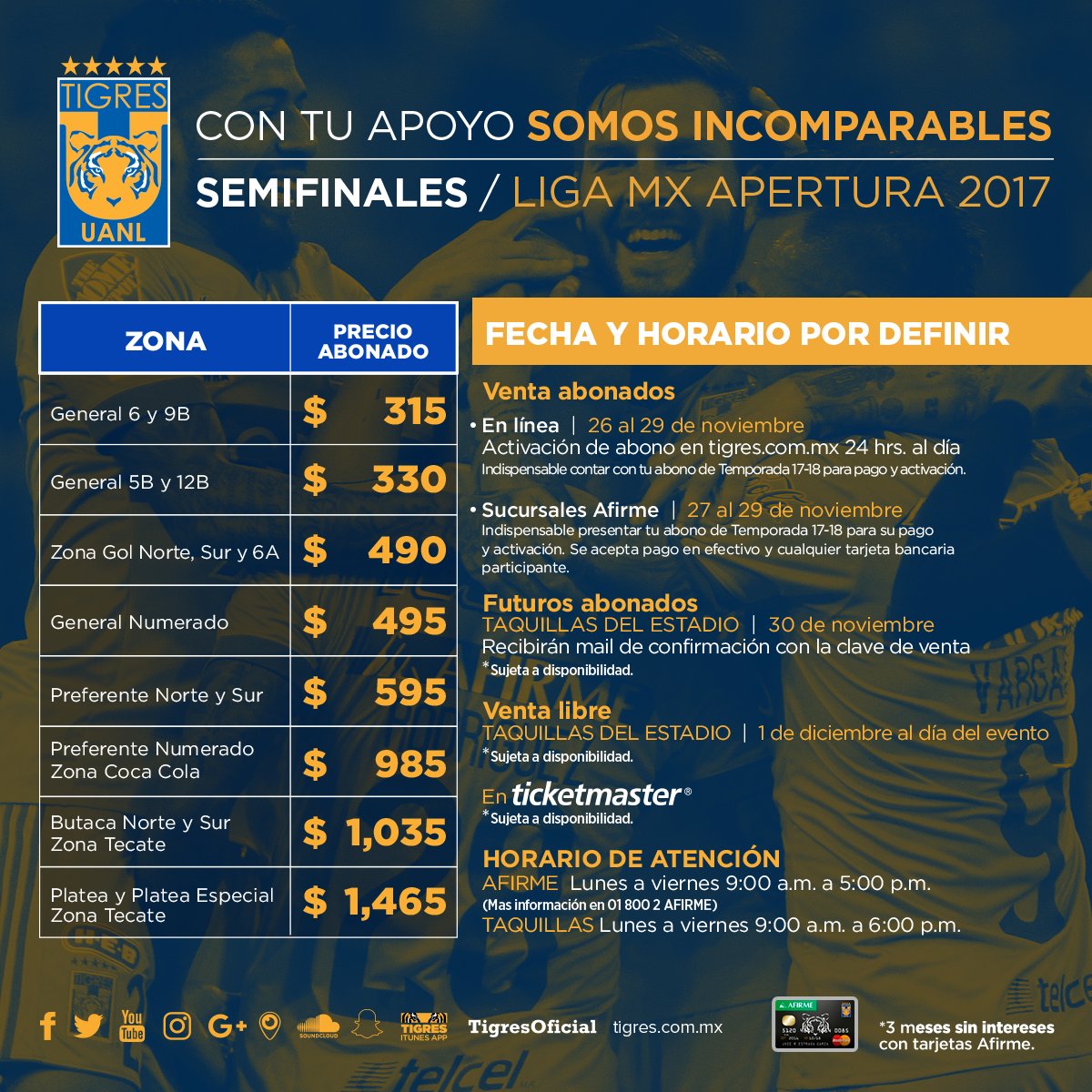 Precios Tigres semifinales apertura 2017 del futbol mexicano